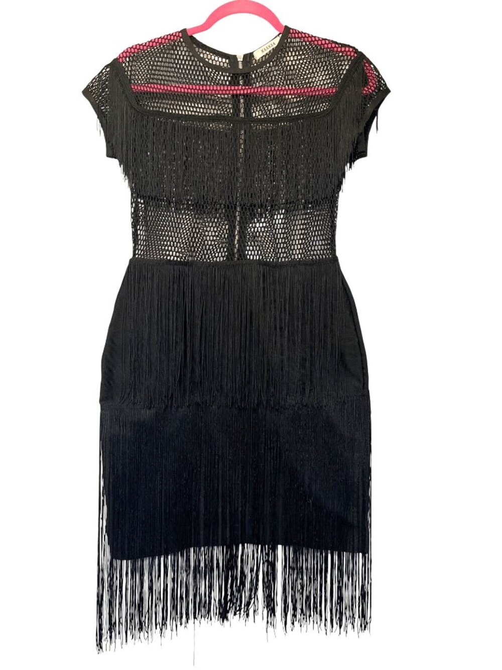 NAANAA Black Mesh & Fringe Dress With 3/4 Back Zipper Size M Polyester/Spandex
